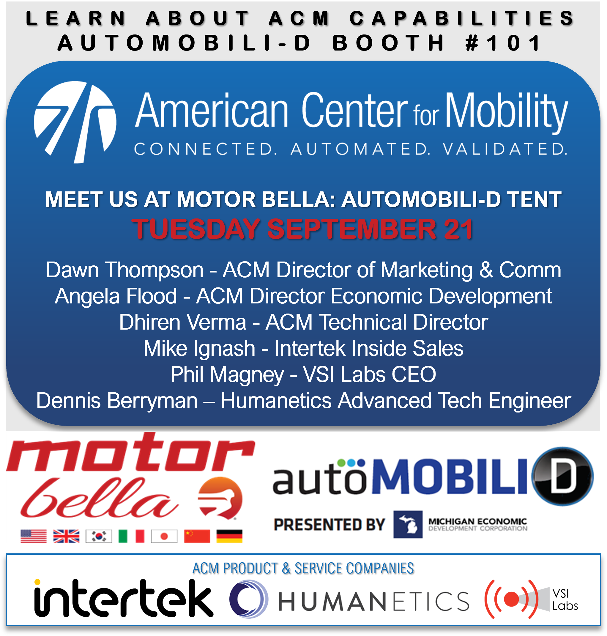 Join ACM at Motor Bella 2021, Tuesday 9/21/21