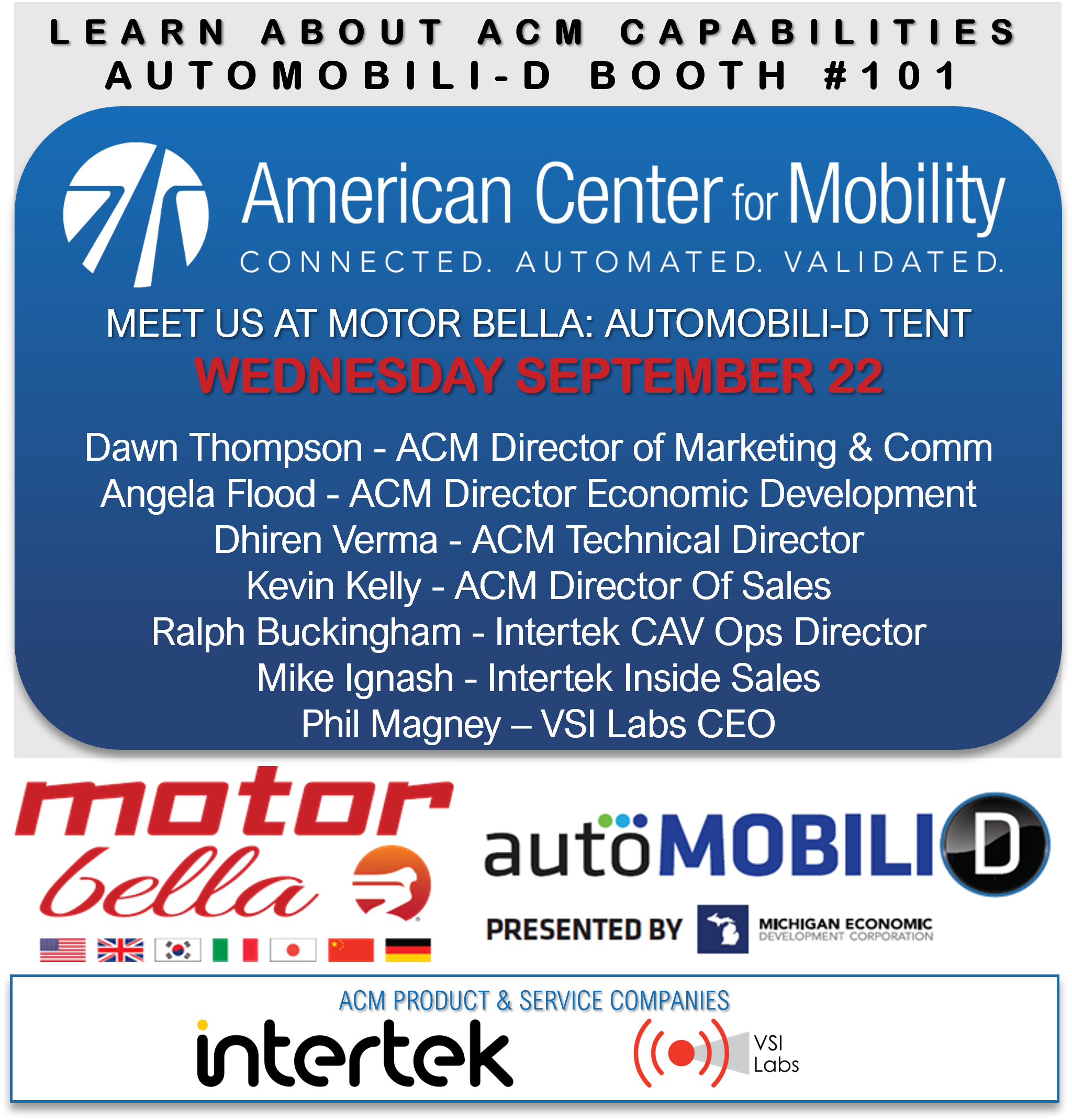 Join ACM at Motor Bella 2021, Wednesday 9/22/21
