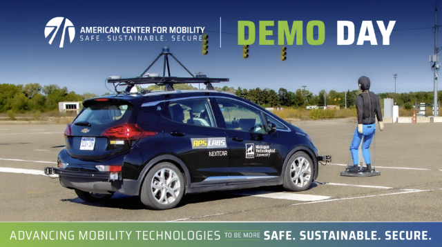 ACM Demo Day, Chevy Bolt with APS Labs and NextCar branding on the test track with a soft target pedestrian.