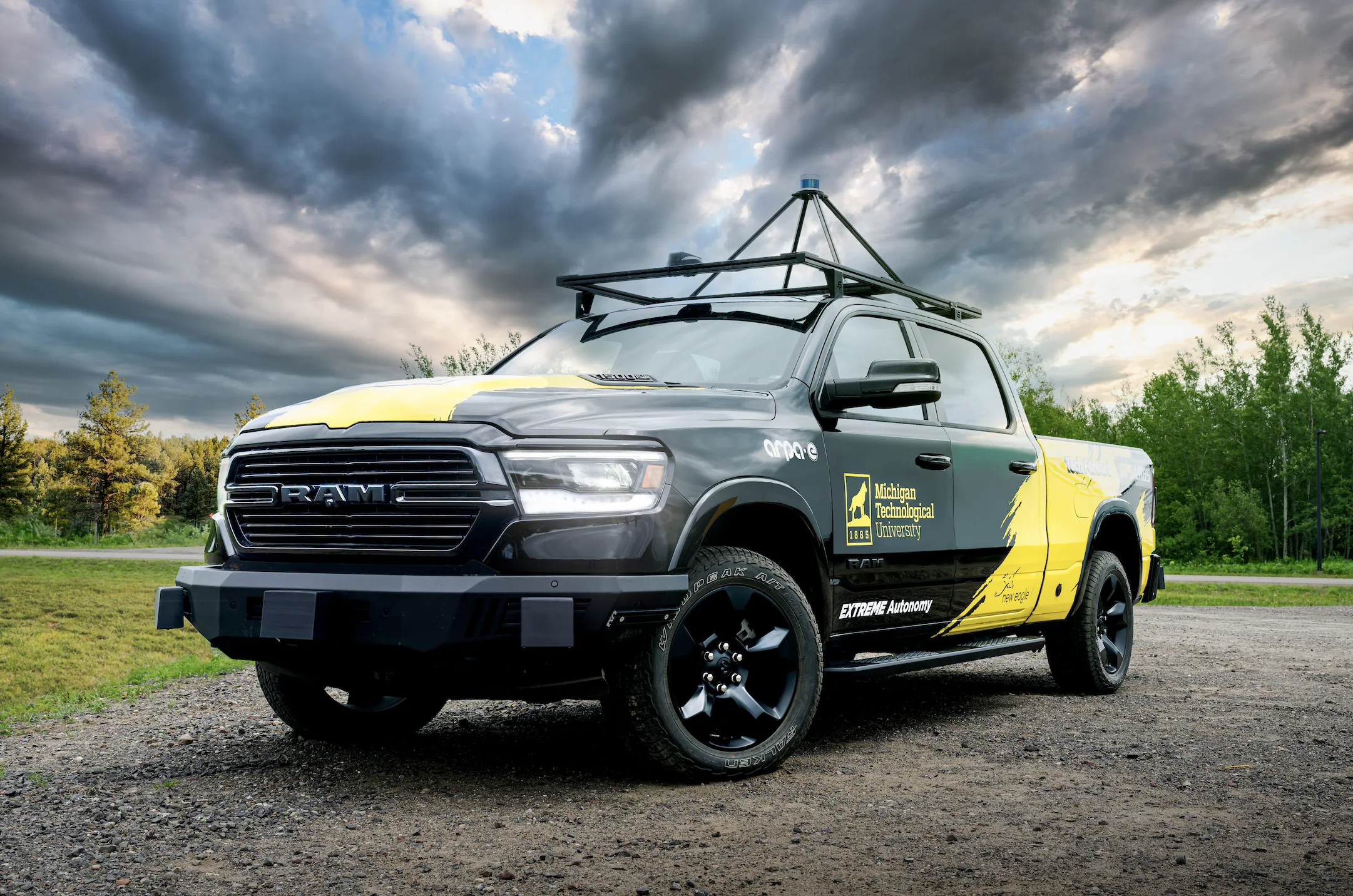 Michigan Technological University autonomous RAM truck under dramatic clouds