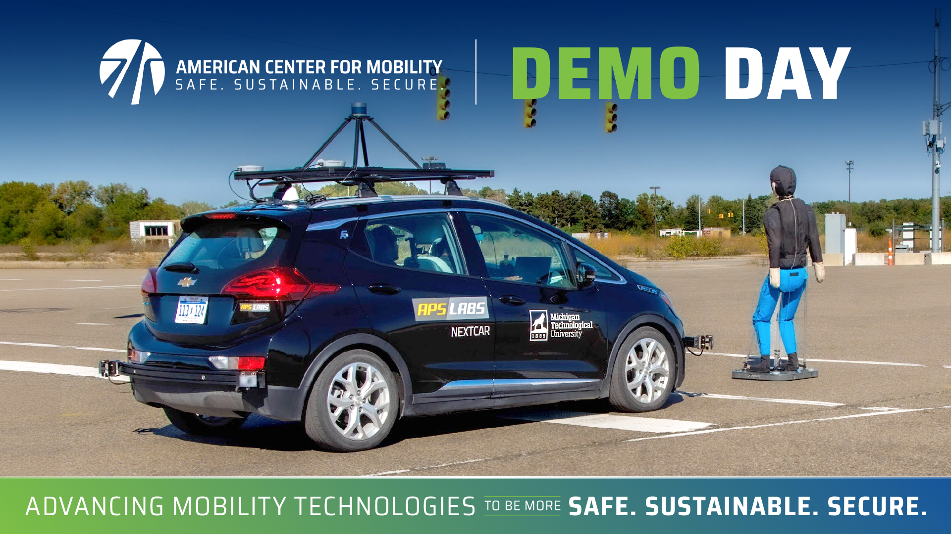 Demo Day graphic with picture of Michigan Tech car and a soft target in front of it.